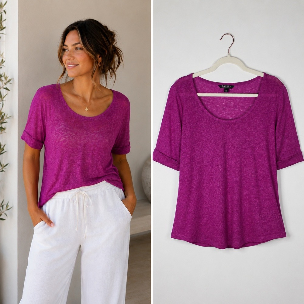 Lauren Ralph Lauren Linen Scoop Neck Top L Magenta Rolled Cuff - Picture 9 of 9
